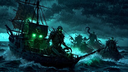Horror Photography: Many Eldritch Robot Pirates aboard ship at Sea at night in a cosmic thunder...