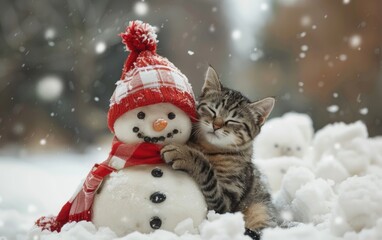 A Cute Cat and a Snowman Share a Heartwarming Cuddle, Generative ai.