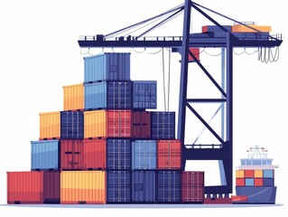 Fototapeta premium International shipping containers stacked at a port, flat vector design, isolated on white background
