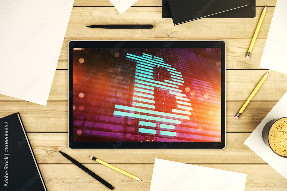 Poster creative bitcoin concept on modern digital tablet display. top view. 3d rendering
