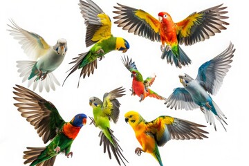 Various bird species in flight or at rest, with detailed plumage and expressions,  against a white background, making each feather and color stand out