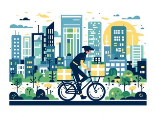 Naklejka premium Courier on bicycle delivering packages in the city, flat vector design, isolated on white background