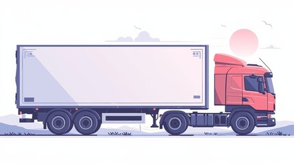 Flat vector illustration of a cargo delivery truck on the road, isolated on white, clear sky backdrop