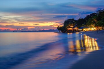 Obraz premium Cozy beachfront hut illuminated at dusk