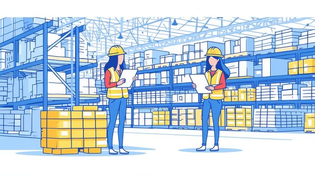 Flat color vector illustration of a professional worker checking stock in a warehouse with a digital tablet