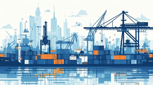 Flat vector illustration of a bustling shipping port with cranes and containers, isolated on white