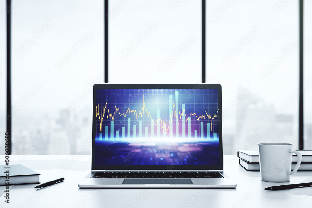 Poster Computer monitor with abstract financial graph, finance and trading concept. 3D Rendering