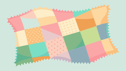 A shabbychic quilt crafted from an array of delicate pastel fabrics and finished with a charming frayed edge detail.. Vector illustration