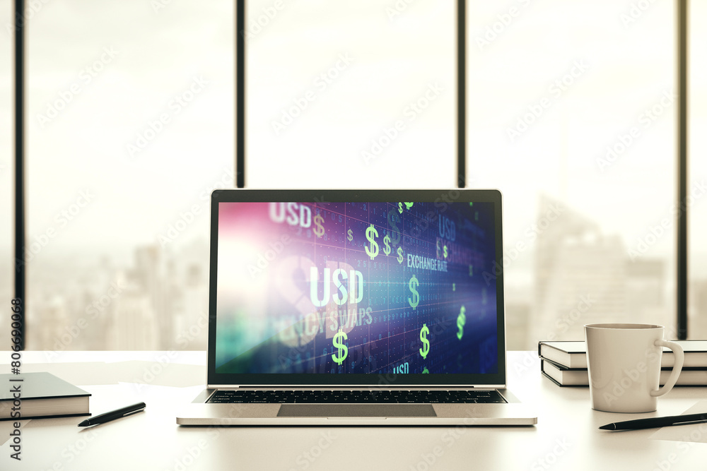 Poster creative concept of usd symbols illustration on modern laptop screen. trading and currency concept. 