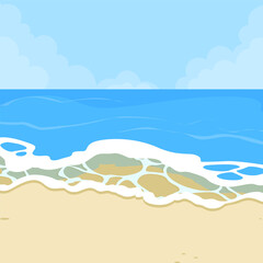 Seascape with blue sea and sandy beach. Vector illustration.