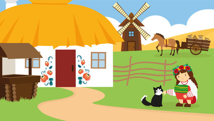Countryside scene with a little girl and a cat. Vector illustration