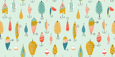 Fishing lures seamless pattern. Cute colorful fishing hook repeat background. Vector Fathers day wallpaper, print for Dads day, fisherman equipment. Funny textile design, wrap paper, cartoon design.