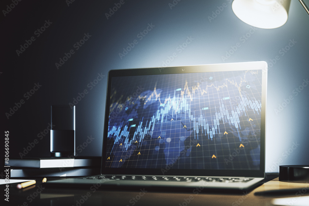 Leinwandbilder abstract creative financial diagram with world map on modern computer monitor, banking and accountin