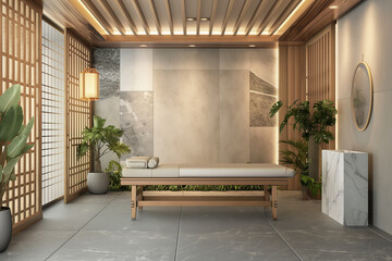 3d rendering, An interior design rendering of an Asian massage room, with concrete walls and beige accents, a table in the center for massages, wooden furniture around it