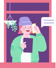 Woman talking on the phone besides the window