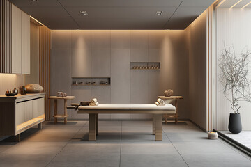 3d rendering, An interior design rendering of an Asian massage room, with concrete walls and beige accents, a table in the center for massages, wooden furniture around it