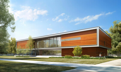 Fototapeta premium 3d rendering of modern house with wooden cladding and green trees on the front yard under blue sky background