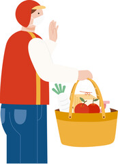 Man with mask delivers a basket of fruit and vegetables