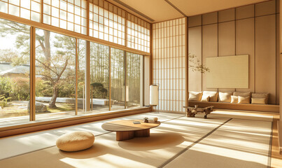 3D rendering of a Japanese interior design living room with wooden windows and tatami mats on the floor