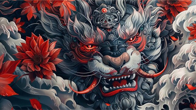 Japanese tattoo of a mystical creature, the foo dog, guardian and protector, detailed with dynamic expressions and traditional motifs, clean background