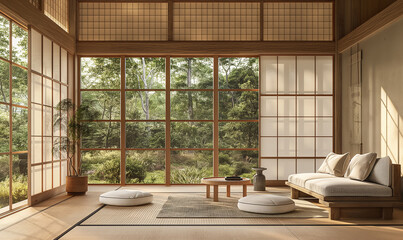 Naklejka premium 3D rendering of a Japanese interior design living room with wooden windows and tatami mats on the floor