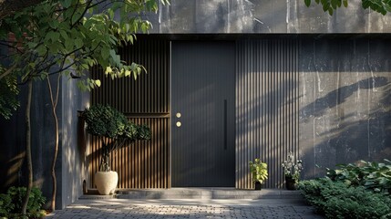 High dark grey home door aluminum gate gray slats portal garden of suburb house