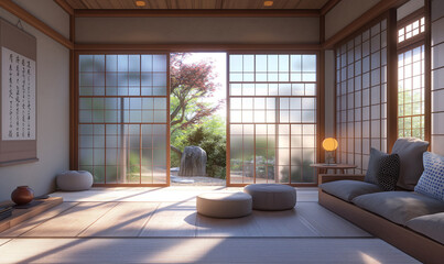 3D rendering of a Japanese interior design living room with wooden windows and tatami mats on the floor