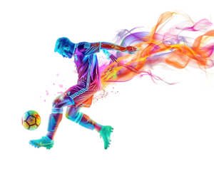 Soccer player kicking ball colorful silhouette Isolated on Transparent Background
