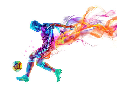 Soccer player kicking ball colorful silhouette Isolated on Transparent Background