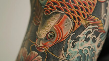 Intricate Japanese tattoo showcasing a koi fish swimming upstream, representing perseverance, crafted in traditional irezumi art, on a clear backdrop