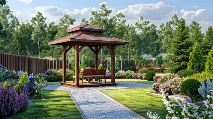 backyard garden with wooden gazebo and bench, surrounded by lush greenery and a brown fence under a blue sky with white clouds - Powered by Adobe