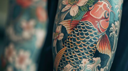 Intricate Japanese tattoo showcasing a koi fish swimming upstream, representing perseverance, crafted in traditional irezumi art, on a clear backdrop