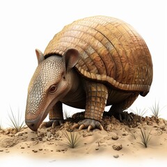 Fototapeta premium 3D rendering cartoon of a giant armadillo digging burrows in ancient South American grasslands, on white background. --v 6 Job ID: 319ccff7-c2ba-4d6a-9a89-4021ddfa1021