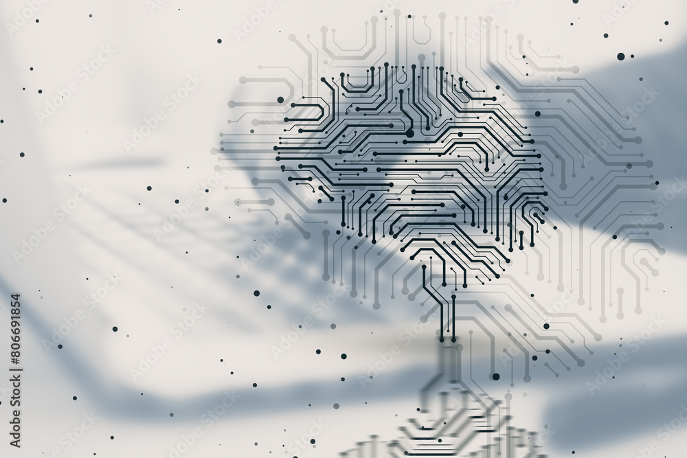 Poster close up of toned male hand using laptop keyboard with creative circuit brain hologram on blurry lig