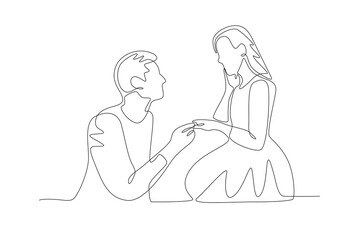 A man proposing to his partner. Dia dos namorados concept one-line drawing