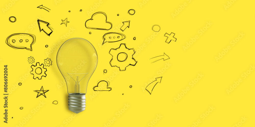 Poster Creative light bulb sketch with icons on yellow background with mock up place. Idea, innovation and creativity concept. 3D Rendering.