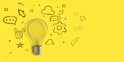 Creative light bulb sketch with icons on yellow background with mock up place. Idea, innovation and creativity concept. 3D Rendering.