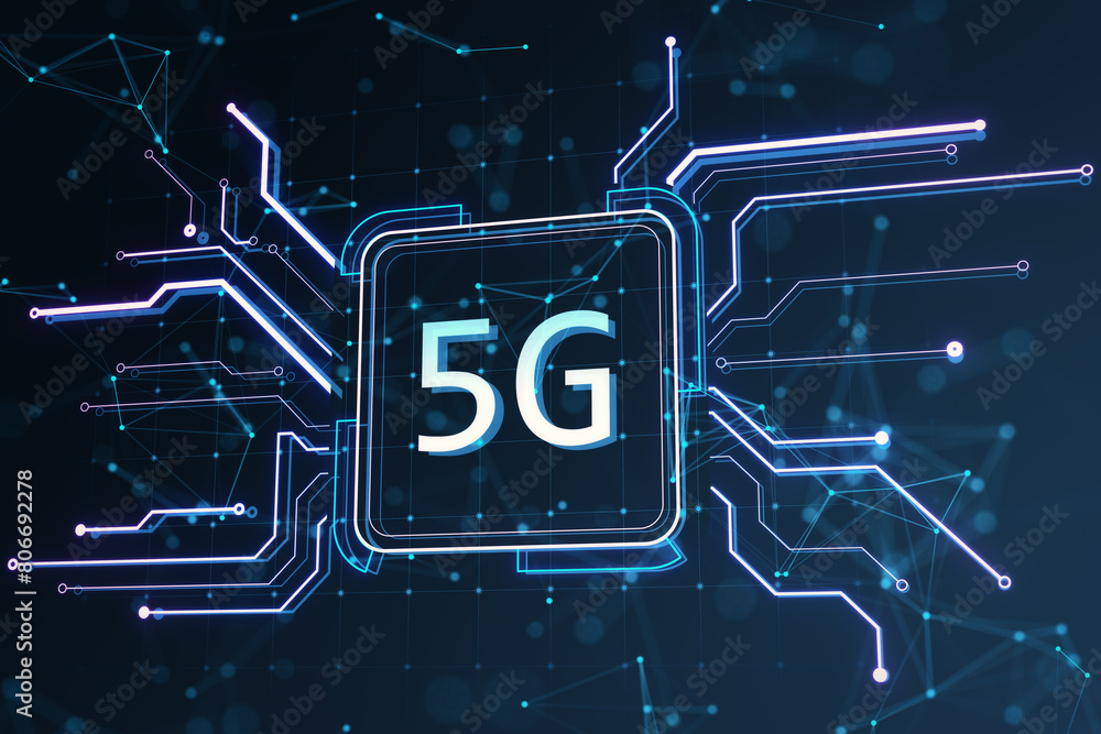 Poster Abstract square circuit button hologram with 5G icon. Technology and mobile internet concept. 3D Rendering.