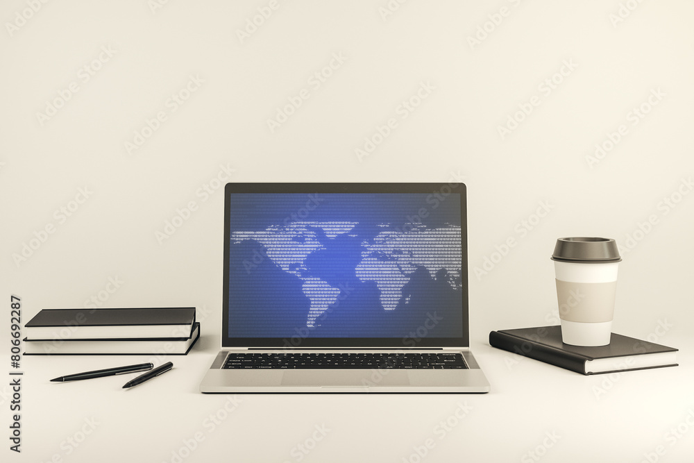 Fototapete modern computer screen with abstract creative digital world map, research and analytics concept. 3d 