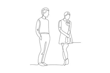 A blushing woman is looked at by her partner. Dia dos namorados concept one-line drawing