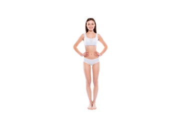 Fullbody portrait of thin slender woman in cotton underwear bikini bra demonstrate ideal body isolated on white background. Enhancement concept