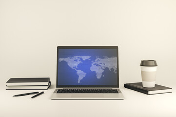 Fototapeta premium Modern computer screen with abstract creative digital world map, research and analytics concept. 3D Rendering