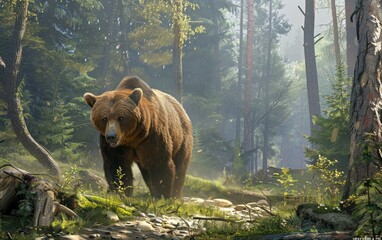 Brown Bear Roaming Through Forested Area, Generative ai.