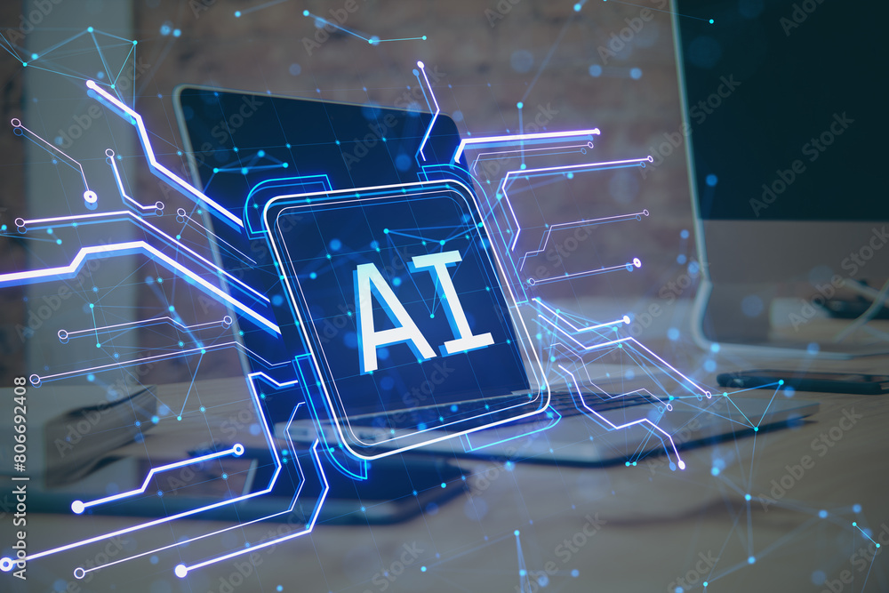Aufkleber Close up of laptop and tablet on desk with creative square circuit button hologram with AI icon on blurry background. Technology and artificial intelligence concept. Double exposure.