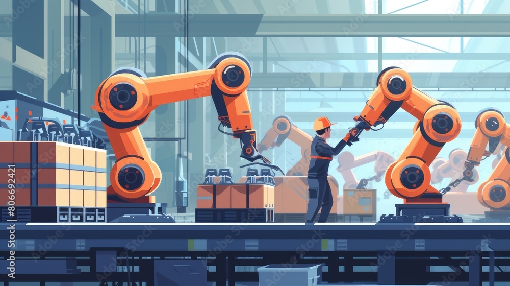 Poster machine arm working while smart mechanic engineer checking or inspect robotic arm. factory machine o