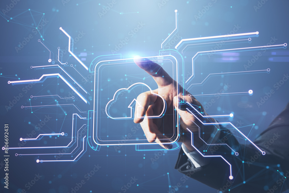 Aufkleber Close up of businessman hand pointing at creative square circuit button hologram with cloud icon. Technology and cloud computing concept. Double exposure.