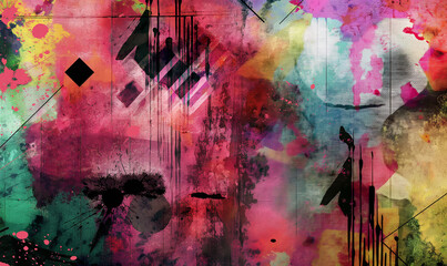 A digital art collage of colorful splashes and geometric patterns, creating an abstract background with visual depth and texture