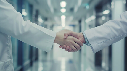 Two doctors shaking hands in a hospital corridor