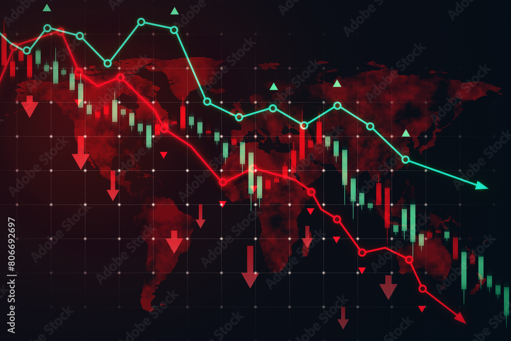 Poster Creative falling red forex chart and map on dark backdrop. Trade and crisis concept. 3D Rendering.