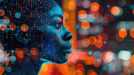  A black woman in profile with computer code and data visualizations overlaying her face, overlaying digital elements
